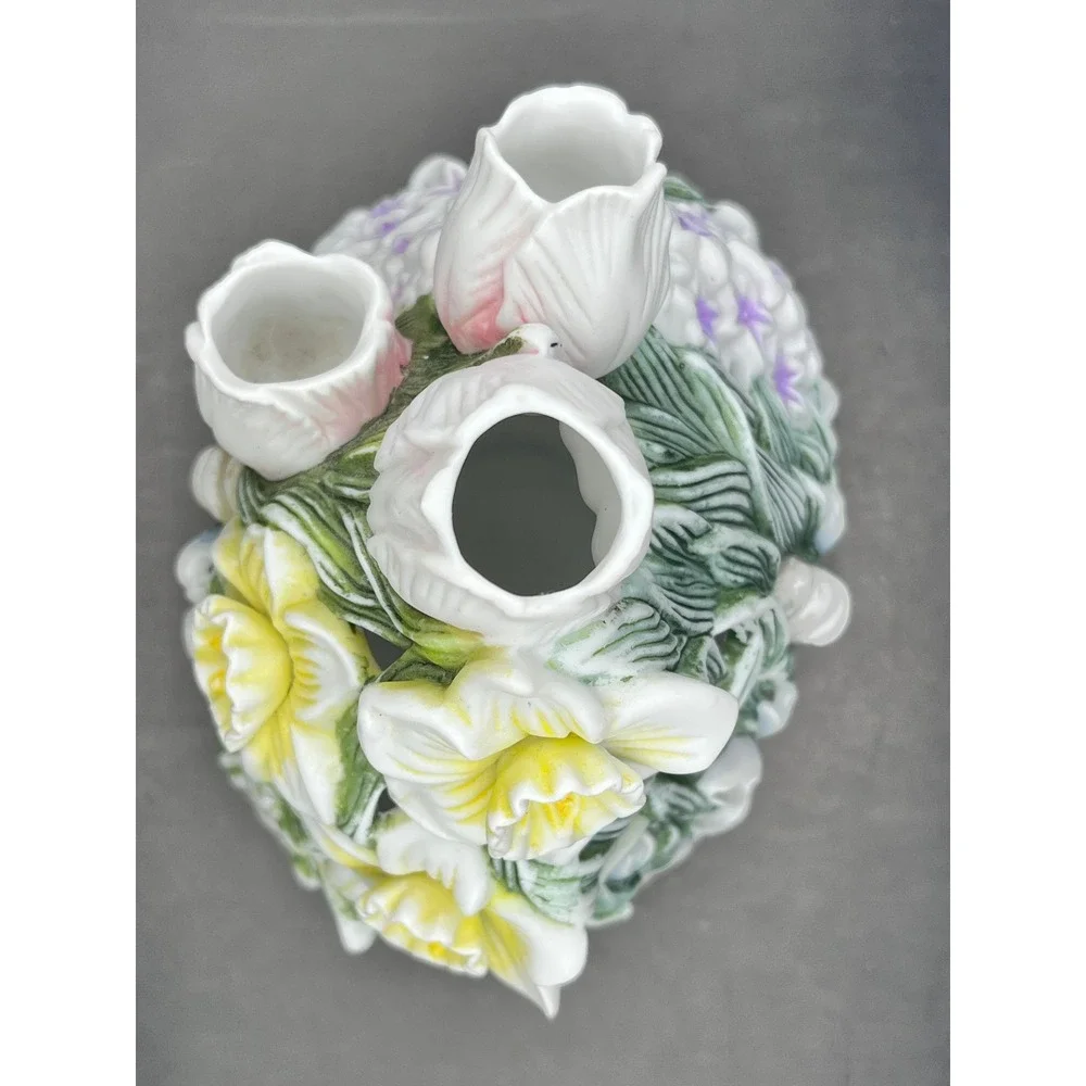 Vtg Partylite Ceramic Flower Basket Candle‎ Holder Spring Tulips Daffodils 8